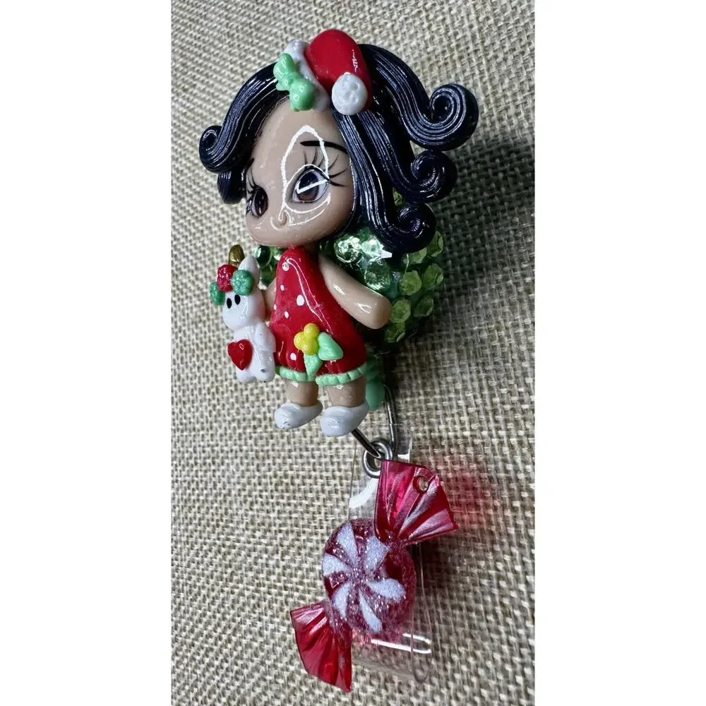 Christmas Girl With Unicorn On Green Rhinestone Retractable Badge Reel Handmade